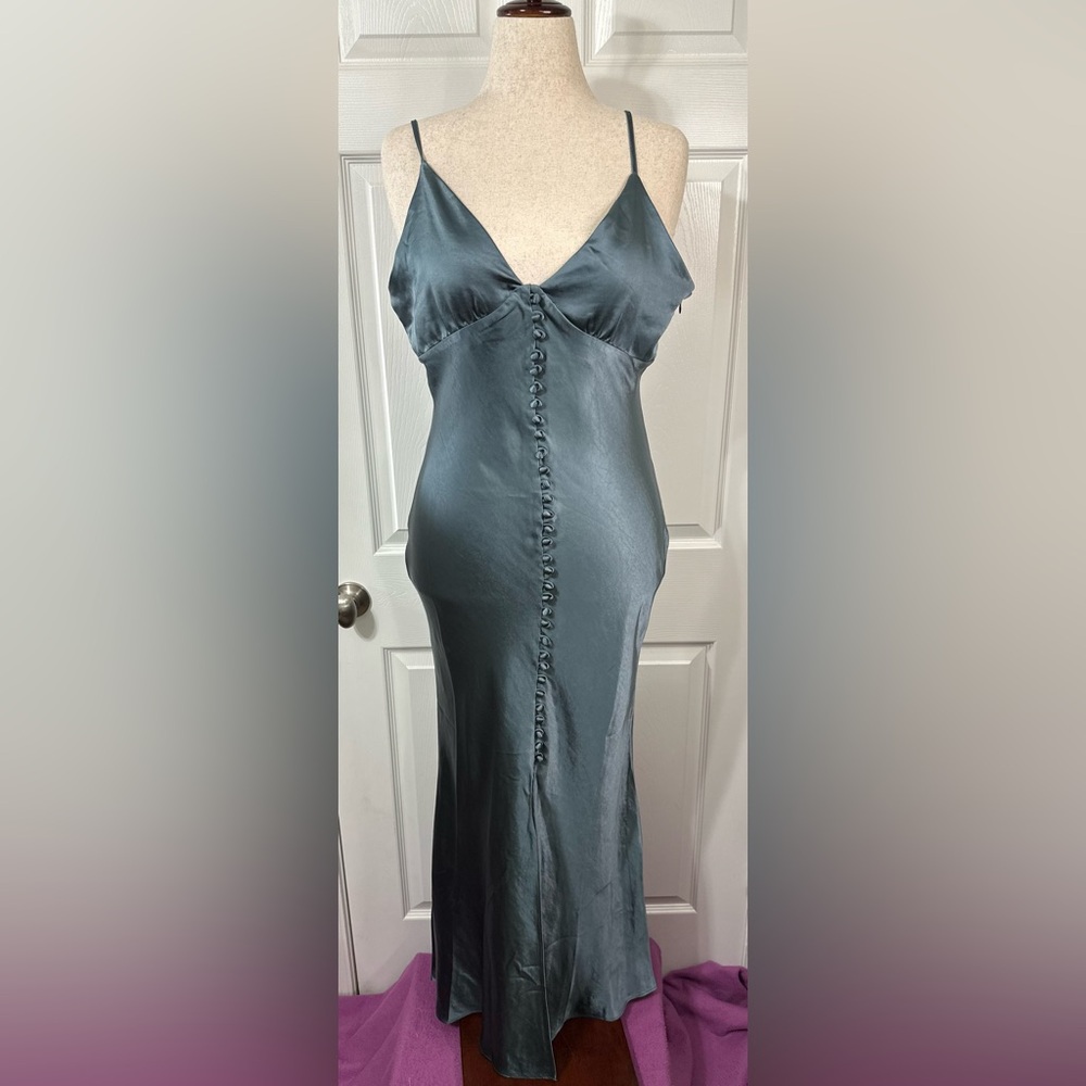 Dress Forum Gray Blue Satin Maxi Dress Silk spaghetti straps zip up faux button - Picture 8 of 16